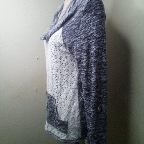 Miss Chievous Shirt Women S Long Sleeve Cowl Neck Lace Pocket Gray White - Picture 11 of 16
